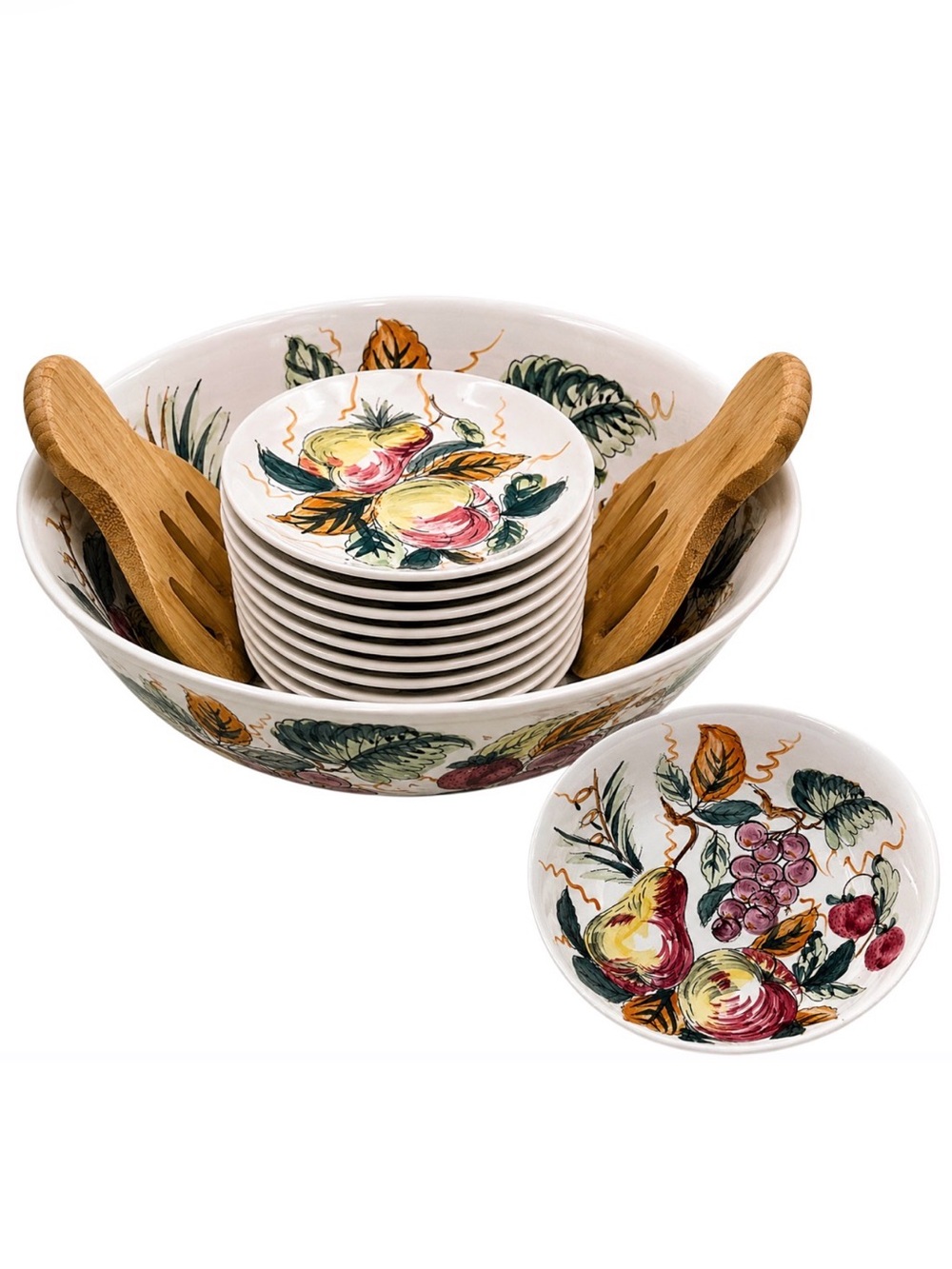Vintage Hand Painted Japan Fruit Salad Set 17 Pc Bamboo Servers
